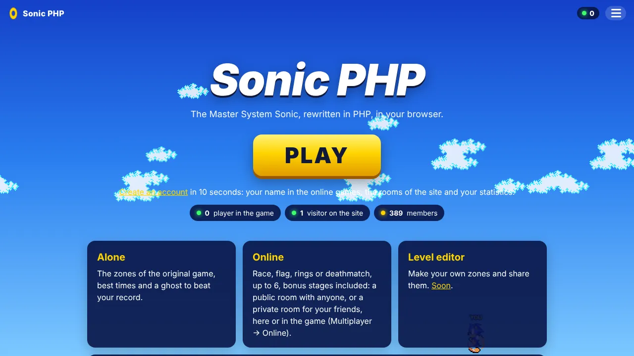 Página de inicio de sonic.mimichat.fr con el botón PLAY y las tarjetas de modos de juego