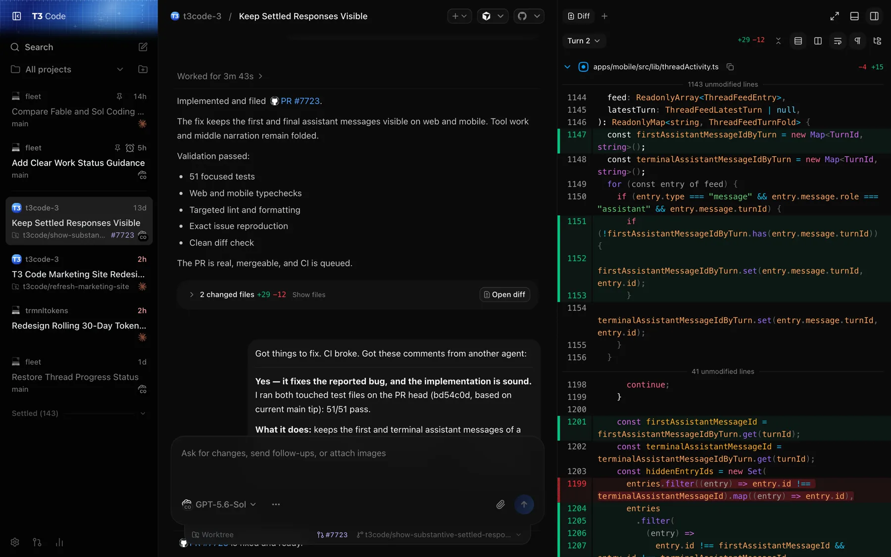 Interfaz de escritorio de T3 Code con la lista de hilos a la izquierda, la conversación con el agente en el centro y el panel de diff a la derecha