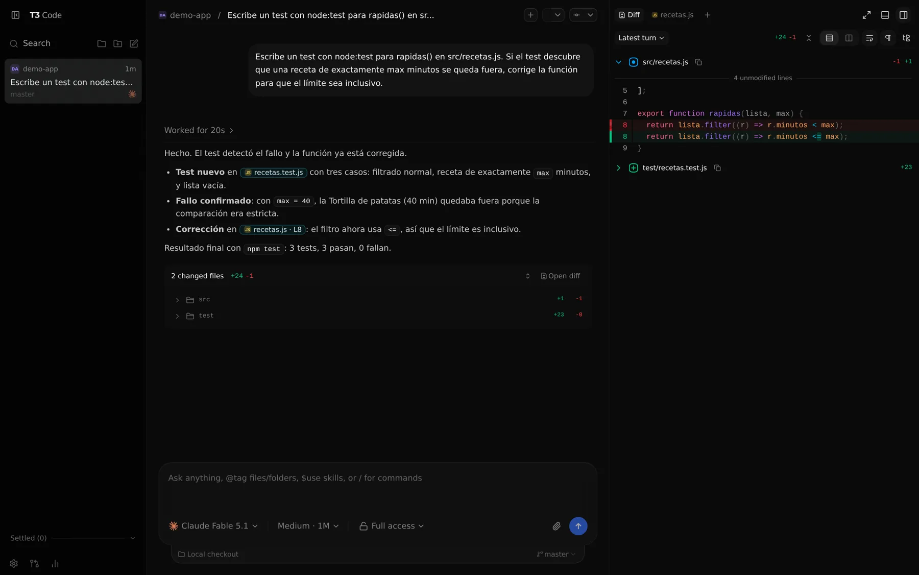 Panel de diff de T3 Code mostrando el cambio en src/recetas.js de 'r.minutos menor que max' a 'r.minutos menor o igual que max' y el fichero de test nuevo