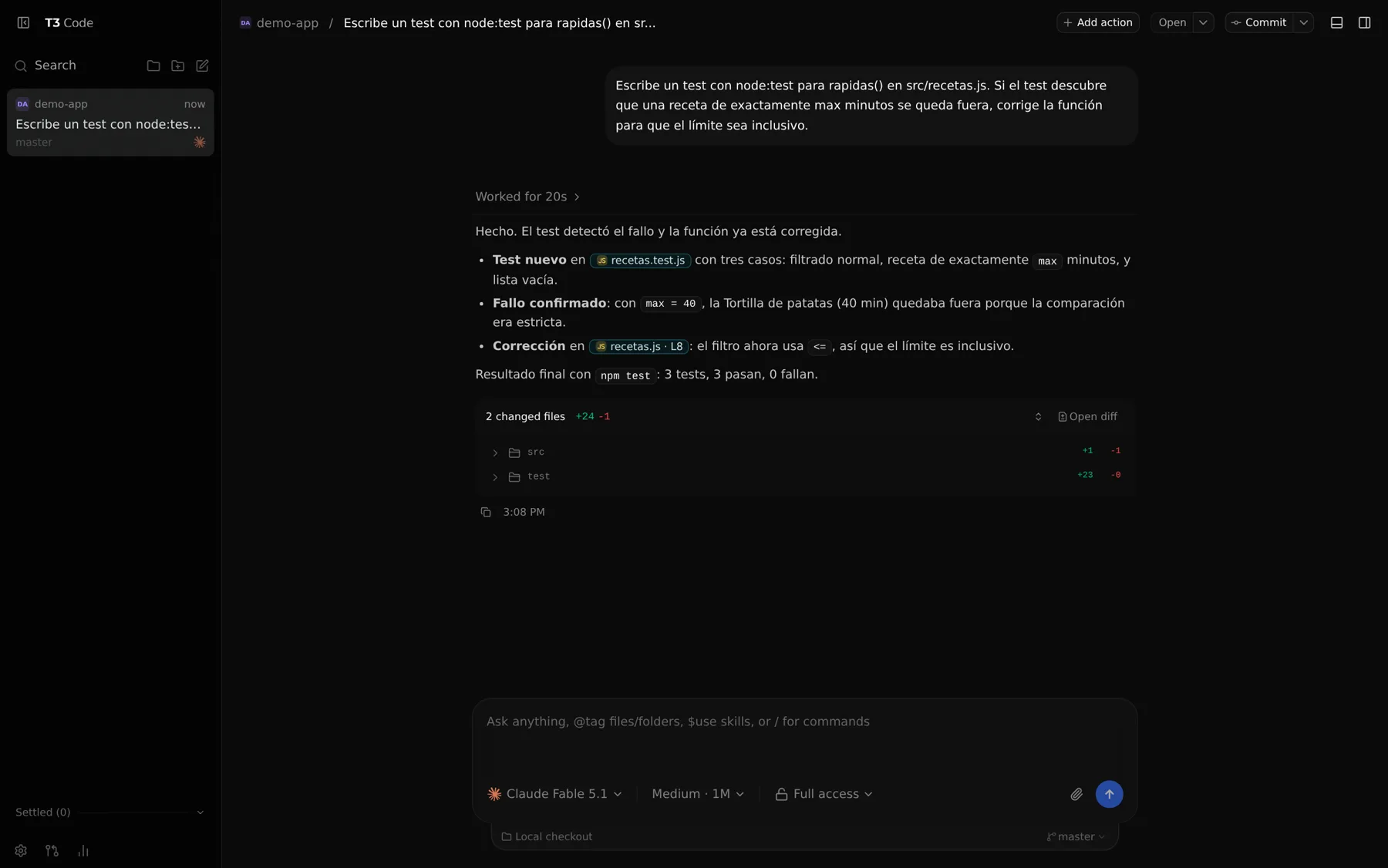 Hilo de T3 Code con Claude: el agente explica que el test detectó el fallo, que corrigió la comparación a menor o igual y que pasan 3 de 3 tests; debajo, resumen de 2 ficheros cambiados