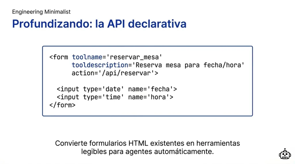Ejemplo de la API declarativa: formulario HTML con atributos toolname y tooldescription